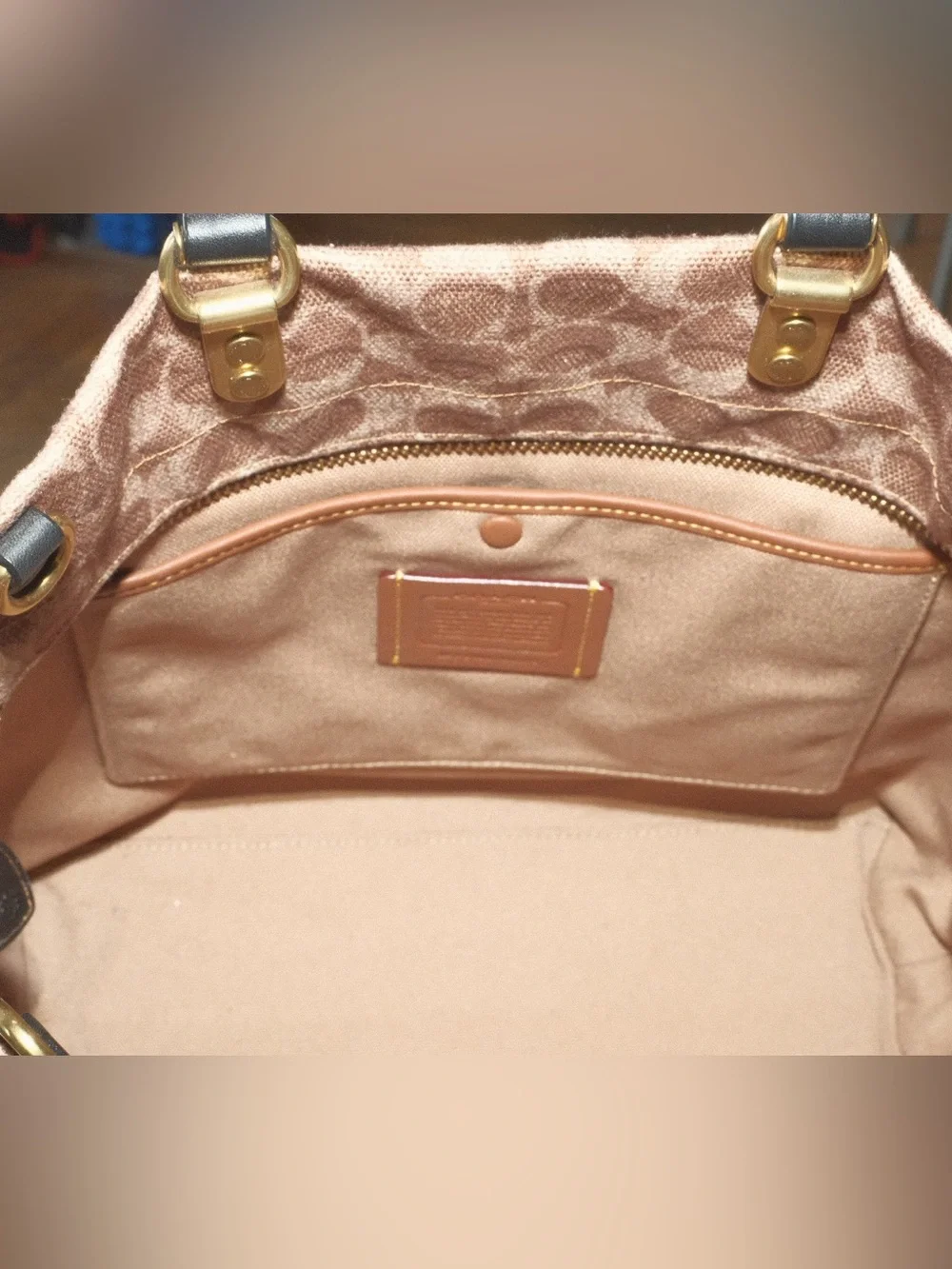 Coach Rogue Canvas Tote with Cream, Pink & Green Pocket Accents - Picture 6 of 7